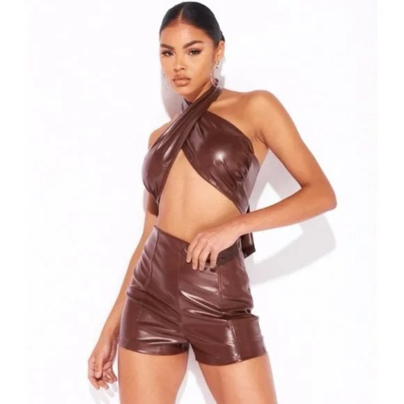 Brown Faux Leather Vegan Leather High Waist Shorts - Picture 3 of 16